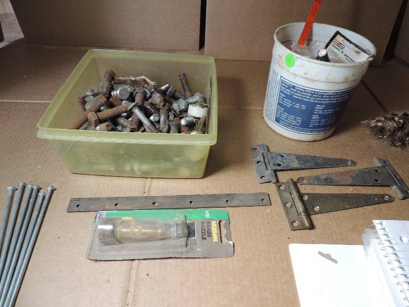 lot 536 image: Door hinges, long nails, wire brush, brass water hose attachment