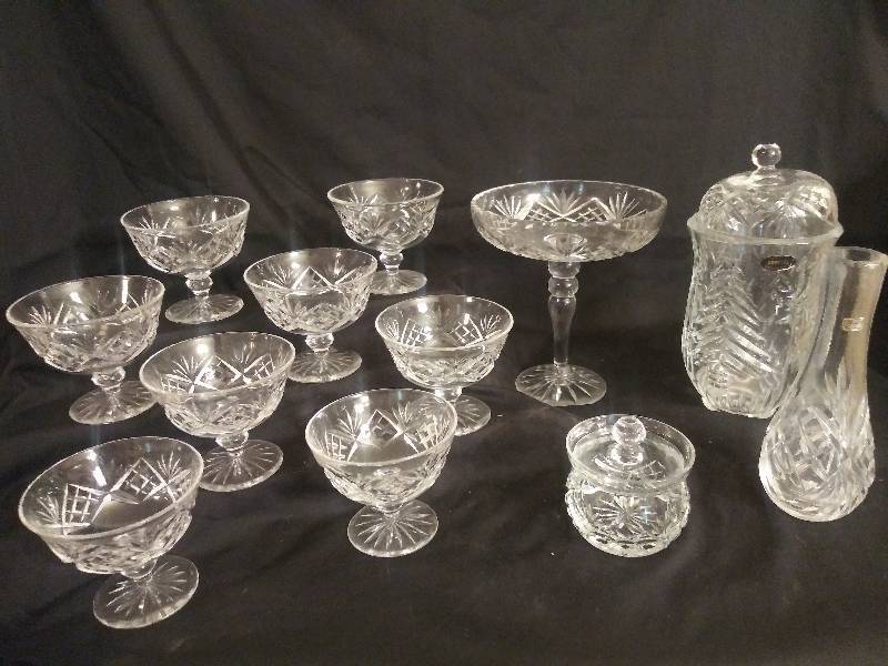 lot 35 image: Lead Crystal- 8 sherbet cups, 1 Vase Boda,  1 Biscuit jar, 1 preserve jar