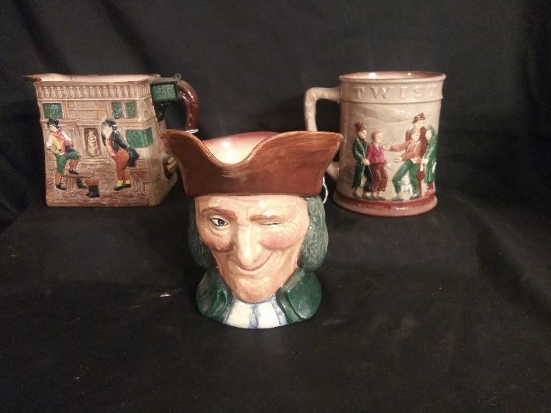 lot 42 image: Toby Mugs- Vintage Royal Doulton  Mugs, Oliver twist, The Pickwick papers pitcher, Vicar