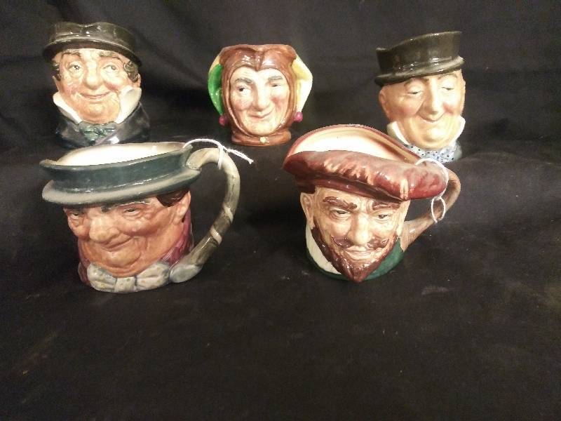 lot 43 image: Toby Mugs- Vintage Royal Doulton -  Drake , Tony Weller, Jester,  Mr. Micawber and Capt. Cuttle