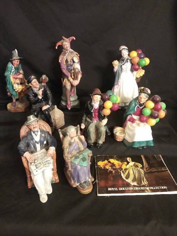 lot 50 image: Royal Dalton figurines x 8- Biddy Penny Farthing, The old balloon seller, the balloon man, a stich in time, Taking things easy, shore leave, the jester, the mask seller