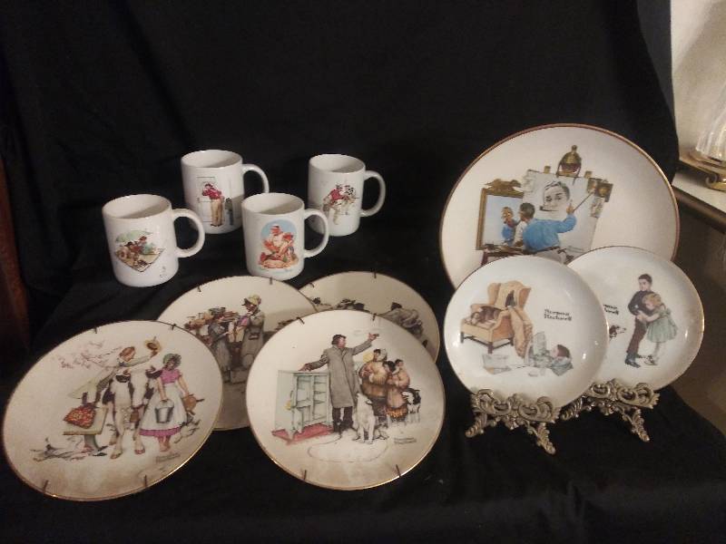 lot 65 image: Norman Rockwell decorative plates. Qty 7 and 4 cups