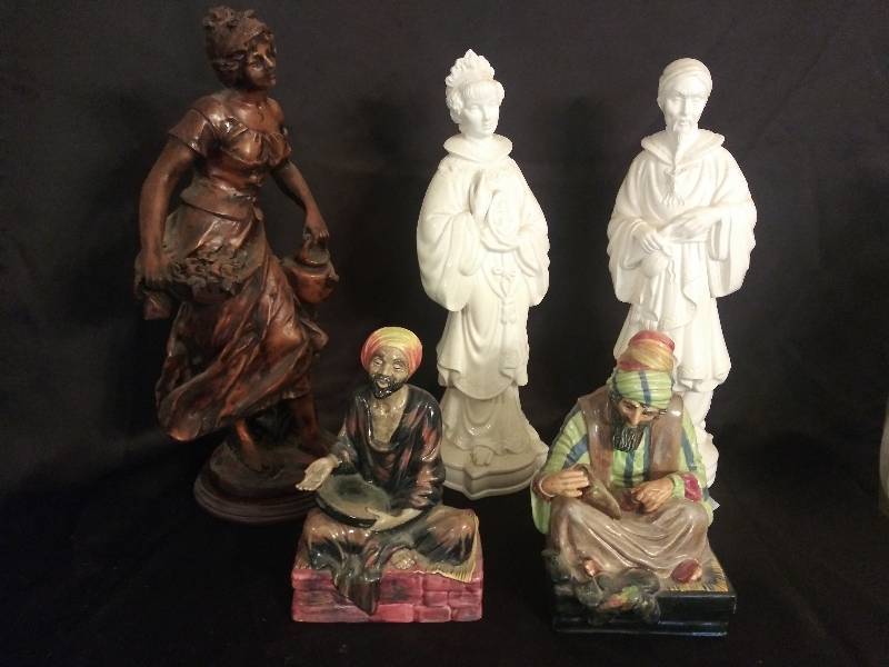 lot 75 image: Royal Doulton figurines Mendicant and Cobbler, White Japanese couple and lady with basket