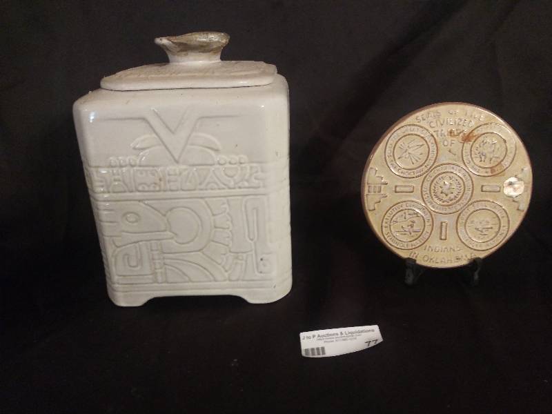 lot 77 image: Frankoma Seals of Fire Civilized Tribes of Indians in Oklahoma 6 12 and square cookie jar
