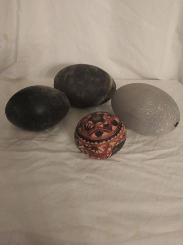 lot 80 image: 3 EMU EGGS AND A CARVED WOODEN BALL
