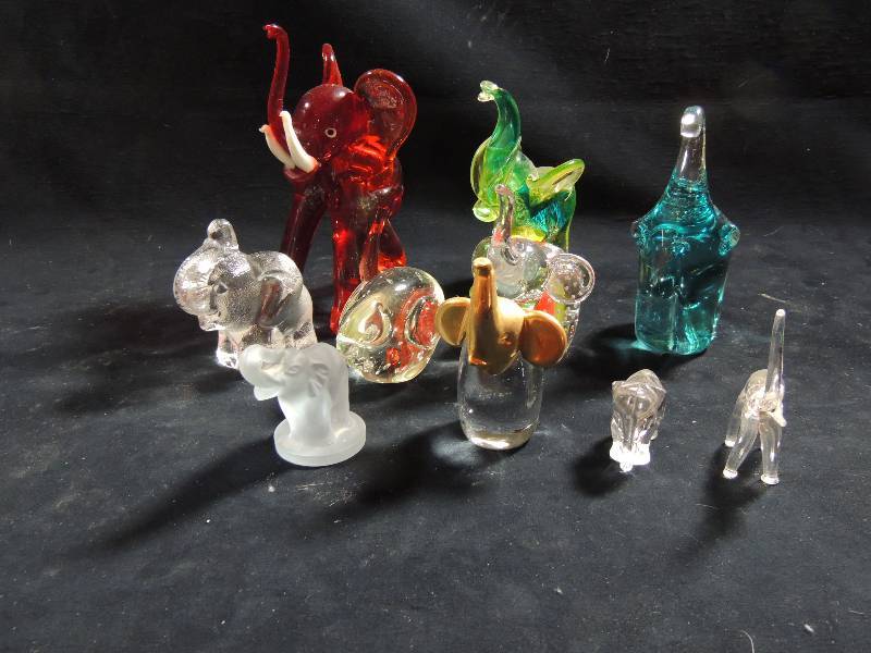 lot 214 image: Glass Elephants qty 10 -  clear, molded, blue and  yellow green Murano glass