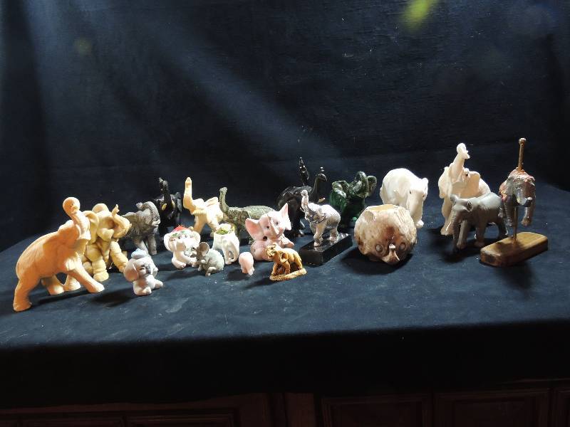 lot 217 image: Surprise Elephants- Large quantity contents include marked from Italy, ceramic, Onyx,  resin, circus, planter, brick wood with plastic trunks