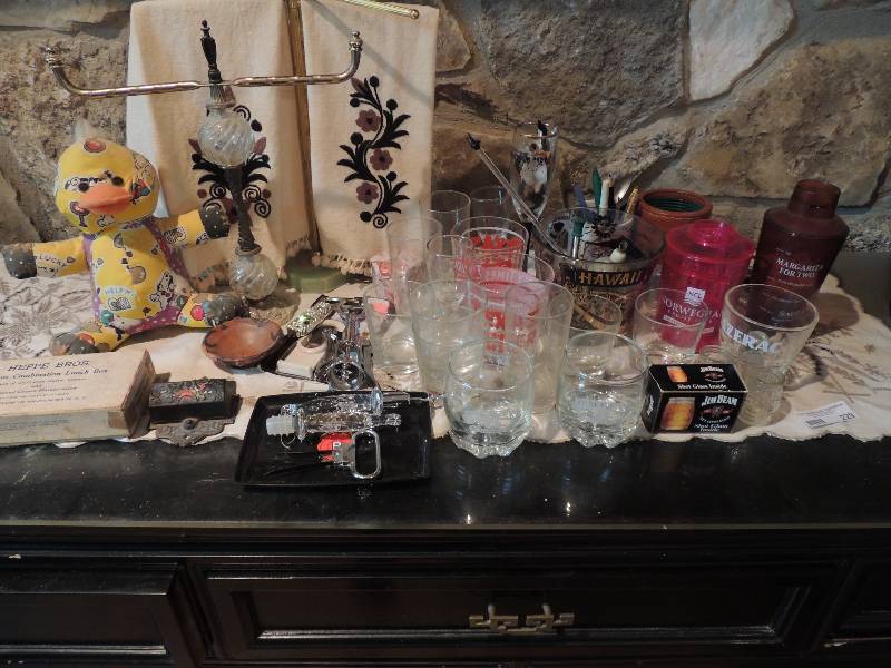lot 229 image: Bar Shakers, BAR Glasses, Texas jiggers, Jim beam shot glasses, corkscrews, bottle opener, brass and glass hand towel holders