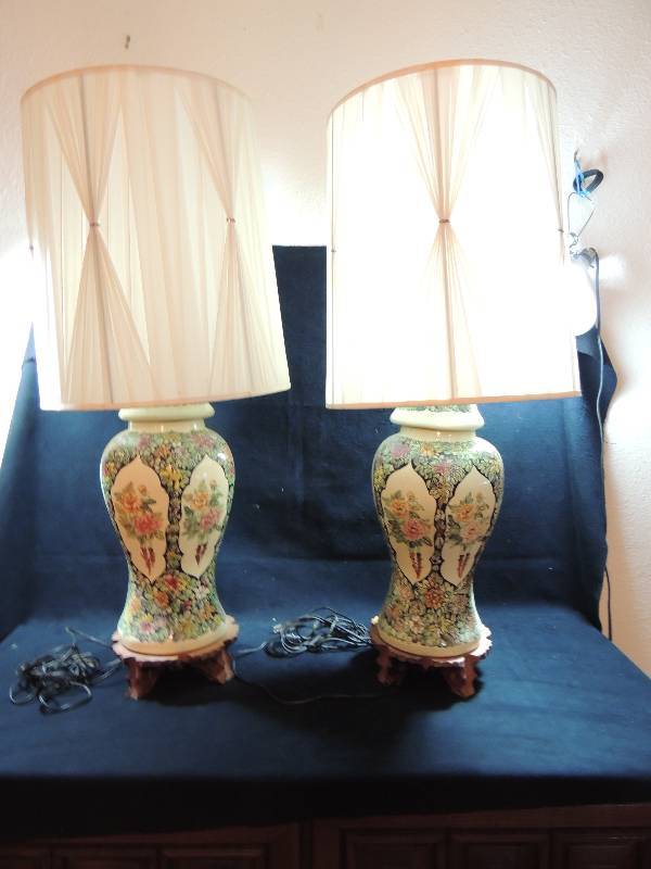 lot 237 image: Pair of ceramic LAMPS Floral design ON wooden base with shades Total Height 39