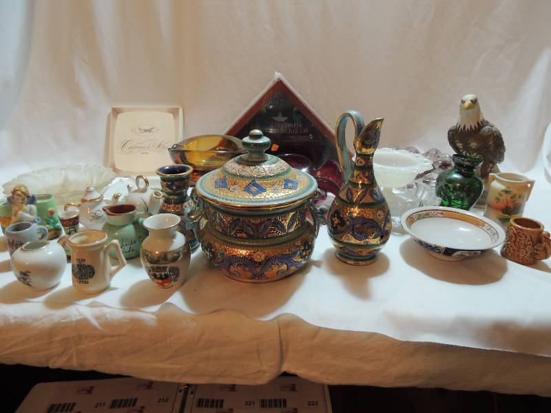 lot 236 image: Asian Pottery- Vase, Pitcher, covered bowl, Molder glass dcor Flag box, 7 eagle, various small pitchers, vases and mugs