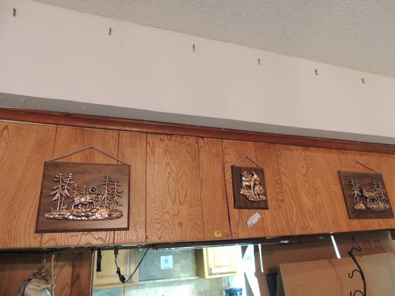 lot 162 image: 3 wall plaques- All bronze ON wood. Elk in woods, Prospector with Donkey, Ram in pine trees all are marked Las Vegas