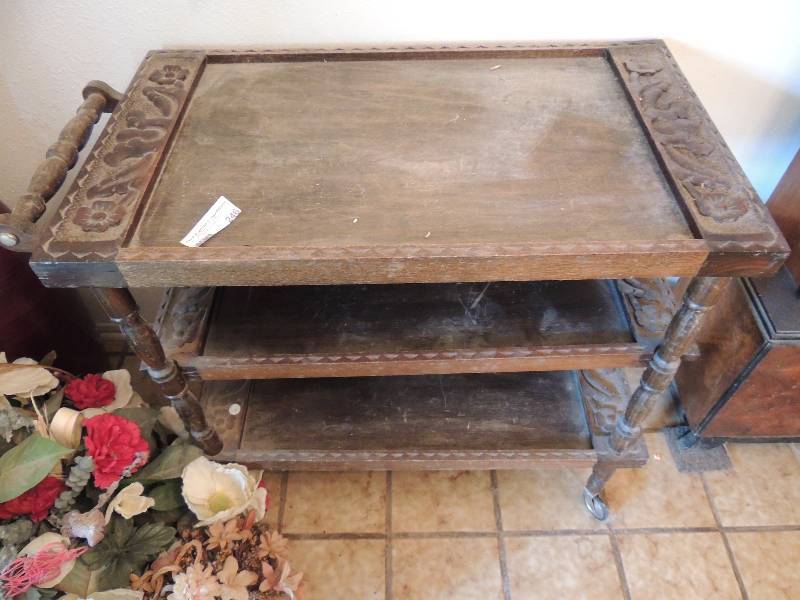 lot 246 image: Vintage tea cart,  carved floral,  3 levels 28H 23 x 17