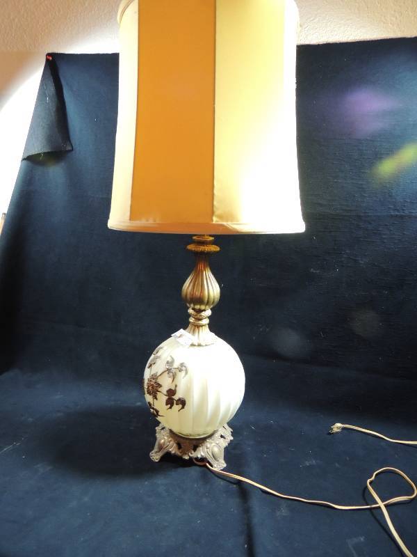 lot 247 image: Vintage Lamp glass ball base with gold accents with shade 32 H