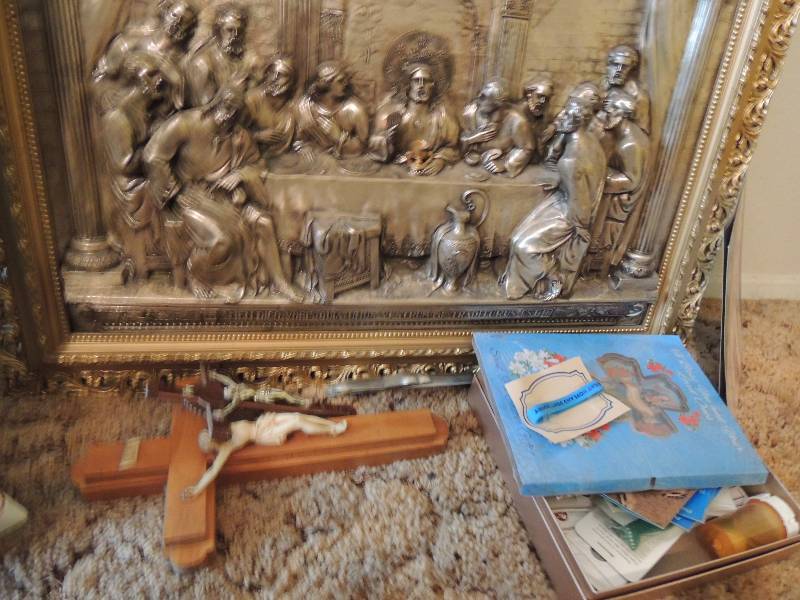lot 251 image: 3 D  framed  Lords Supper   AND    various crosses and religious medallions