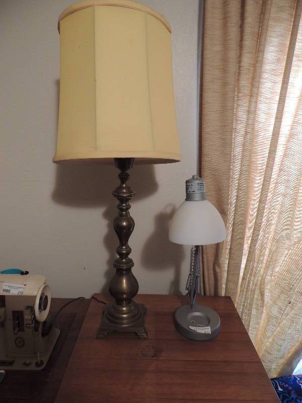 lot 273 image: 2 lamps. 1 is brass with shade 30 H and one is silver desk lamp