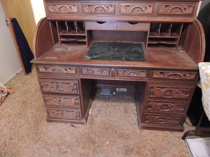 lot 278 image: Carved south American roll top desk.  Very ornate with beautiful carvings