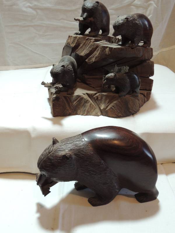 lot 294 image: Ironwood   - BEARS  - 4 Bears on wood piece each  With fish  8 x 10 and Bear with fish in mouth 5H X 8L