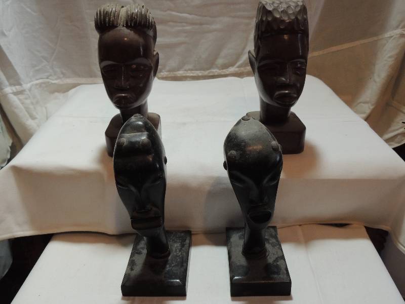 lot 295 image: Ironwood African heads  busts 2 pairs male and female  EACH 8H