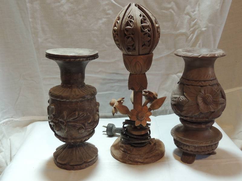 lot 297 image: Wood carved vases x 2   8H,  Wood carved floral lamp 13  Very unique see pic
