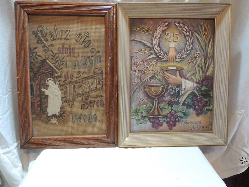 lot 300 image: 2 Polish RELIGIOUS art pieces Needlepoint 18 x 14 and oil painting 18 x 14