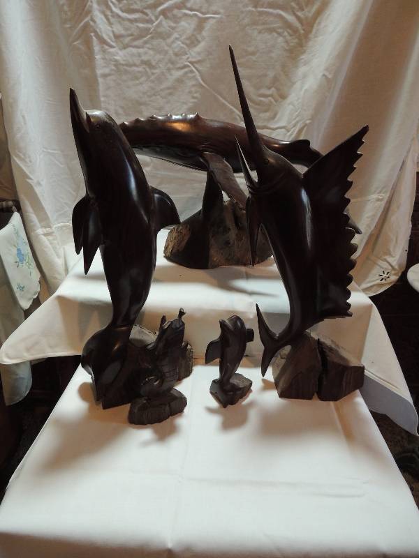 lot 307 image: Ironwood SEA LIFE - Whale on platform - 11H X 19L X 12W  Dolphin  - 16 H X 7 H, Sailfish - 18H 6 12 H, SM. DOLPHIN - 6 H and Seahorse  - 6H