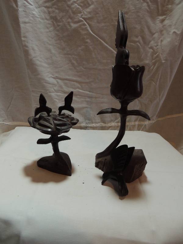 lot 306 image: Ironwood hummingbirds on flower 2 hummingbirds on flower 12H  and hummingbird on rose 8  BIRDS DETACHED