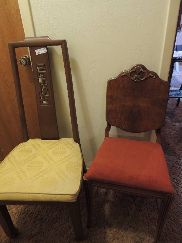 lot 315 image: CHAIRS- Vintage chair with flame mahogany back and tall back Asian chair in excellent condition