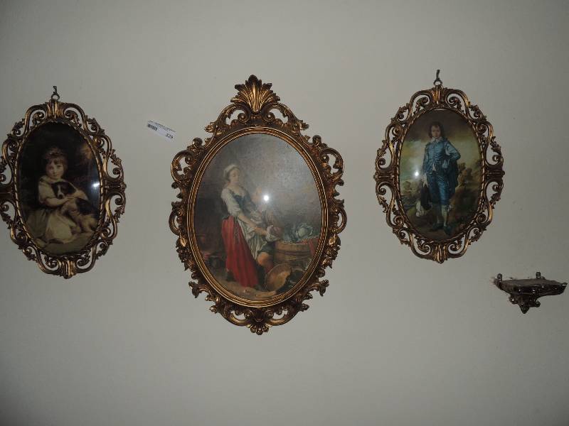 lot 329 image: Set of wall art in ornate oval frames . Lady with Laundry -23 X16,  Girl with dog  16 X12  and Blue Boy 16X12