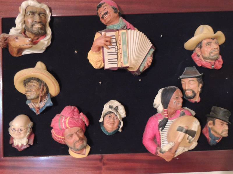 lot 336 image: BOSSOM  HEADS - CHALKWARE   Cheyenne Chief,  Bandito, Bill Sikes, Ben Franklin, Abdul, Sarah Gamp, Gypsy, and more  10 TOTAL