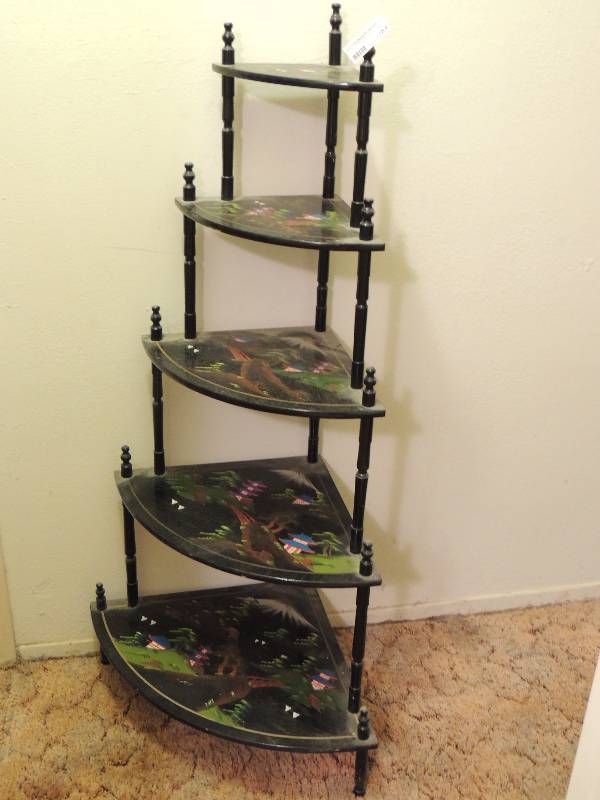 lot 284 image: Asian inspired corner shelving unit 5 shelves Black. Each shelf has different design 49 x 23 x 18