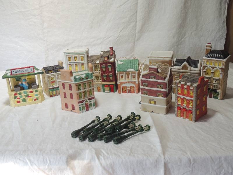 lot 423 image: Christmas lighted houses x 6 with lights,  Village houses x 5 ( newspaper without lights) 4 x 3 x 3