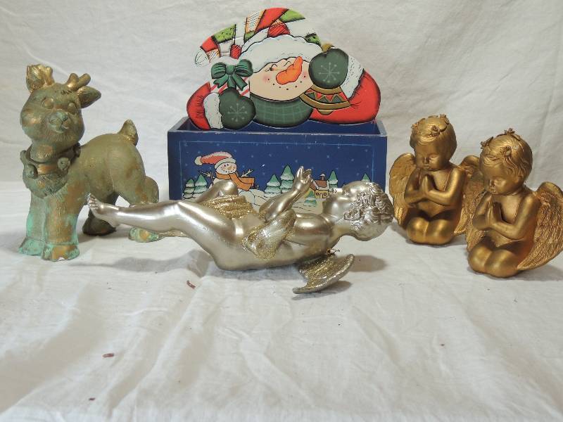 lot 431 image: Wooden card box 9x4x9,  Angels x 3,  Ceramic deer 5 tall