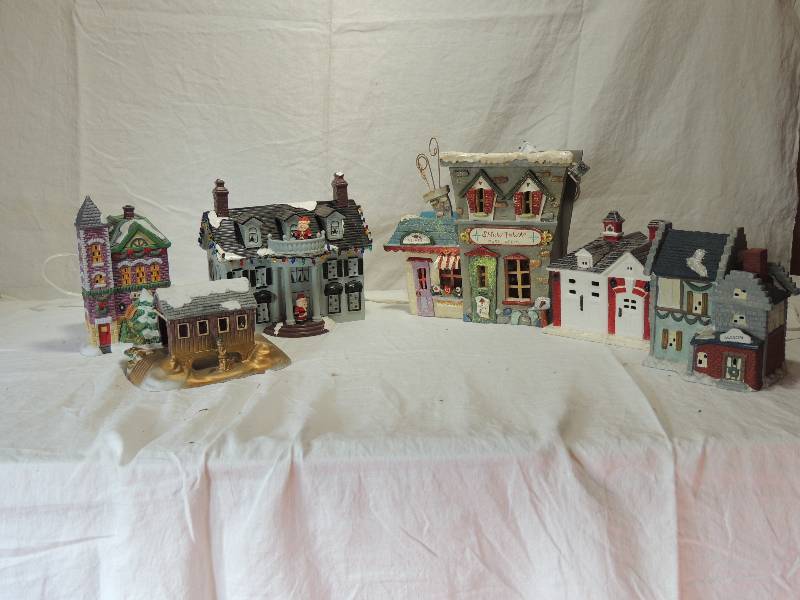 lot 433 image: Lighted VILLAGE Houses -  Snow town Post Office 10x10x4 Plantation  8x8x5,  Bank 9x5x5  Mason 7x7x4 ,  Church 7x7x7   Covered Bridge (unlighted) 7x4x4    6 pieces