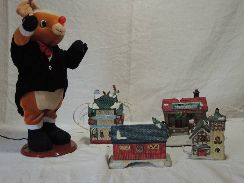 lot 435 image: Dancing Rudolph,   Tree Seller House,  Bridge 4 x 6 , Santas magical woodshop,    lighted house 4 high 3x2