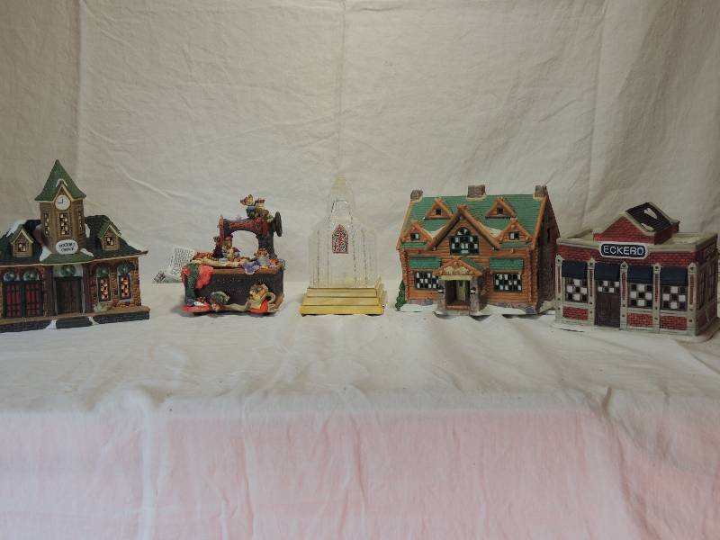 lot 437 image: Lighted Building-  Prescriptions Dr. Office and Lodge all 8x6x4,   Classic Treasures- Mice with Sewing and Crystal Church