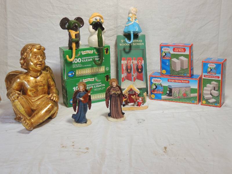 lot 439 image: Large Gold Angel 11 tall , 100 count lights x 2, ,   9 Christmas screen,  Thomas and friends-  Ascending Risers,  Gradual track risers and Single stone tunnel NIB, 3 stocking holders
