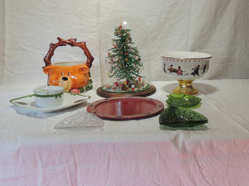 lot 443 image: Beaded Christmas tree, Decorated train around tree ,  bears 11 tall ,   Reindeer Pot,   Teleflora Bowl,   Holiday Chip and Dip plate with Christmas tree dcor