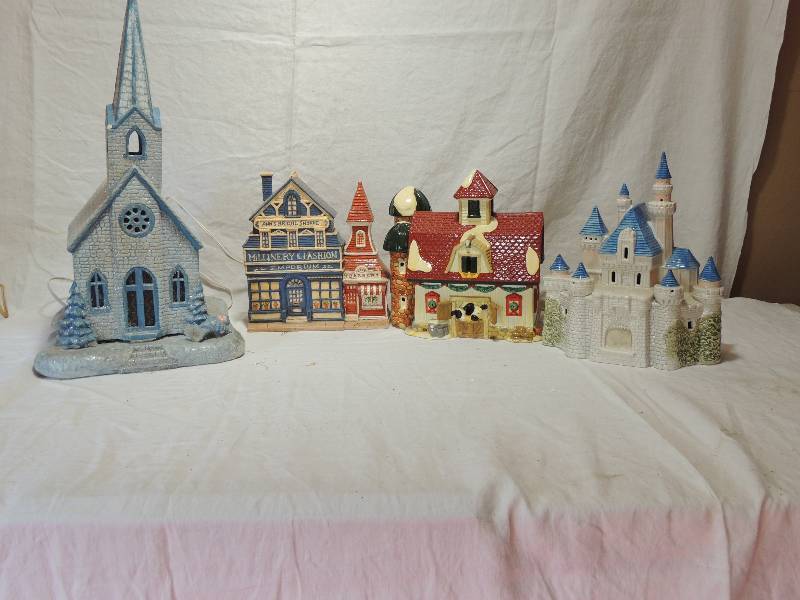 lot 446 image: Lighted houses- Disney Magic castle 11x10x5,   Bank 11x10x6,   Church 18H 10x 12,   Bridal shop unlighted