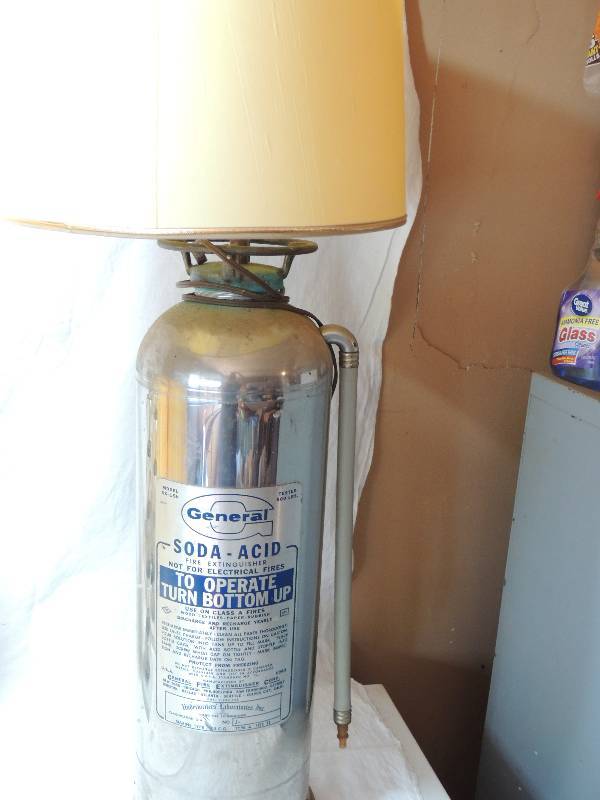 lot 458 image: Silver Fire Extinguisher converted to lamp with shade 36 H