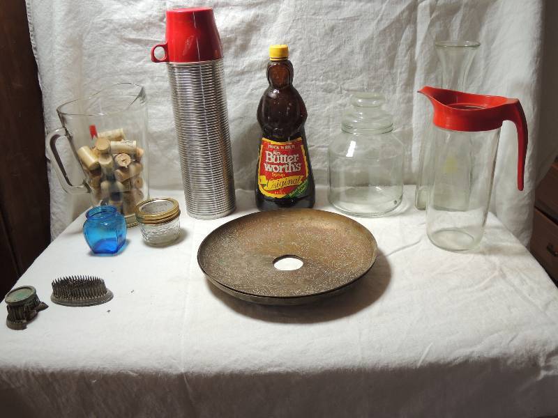 lot 465 image: 2 Turkish discs 10 diameter, frogs x 3, carafe glass pitcher, thermos and 2 COVERED Cookie jars