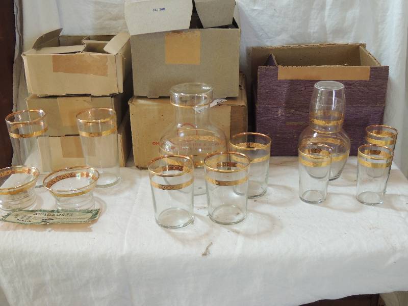 lot 481 image: Libbey Glassware Victoria pattern- Box P 2 ice tea and 2 sherbet x 2,    Box G 1 Han De Canter with cover and 3 water glasses x 2,   Box K 1 Carafe and glass and 3 fruit juice glasses