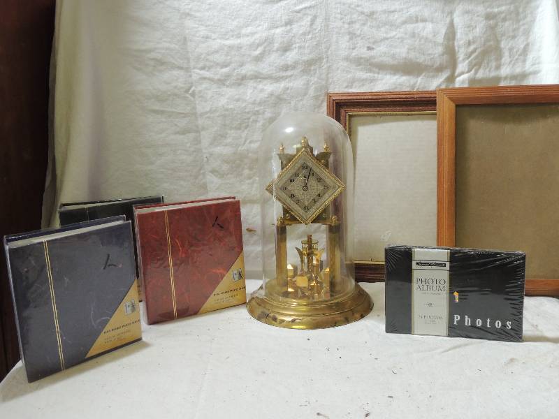 lot 485 image: Anniversary clock in dome,    3  - 4x6 photo albums and 2 frames