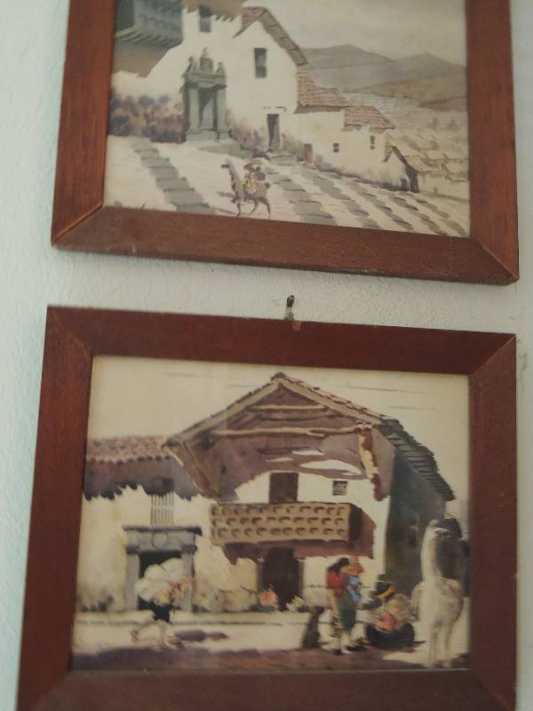 lot 416 image: Costa Rican Hand painted framed original artwork. Farm scene and Ox wagon by one Artist and 2 Village scenes by another artist.  11 X14  - QTY 4