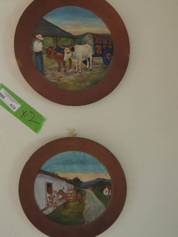 lot 418 image: Costa Rican hand painted original farm scene 12 DIAMETER,  QTY 2
