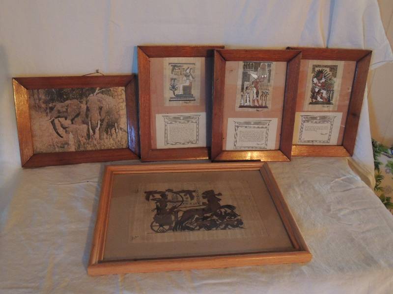 lot 342 image: South American art x 4   - FRAMED elephant puzzle,  mid eastern art