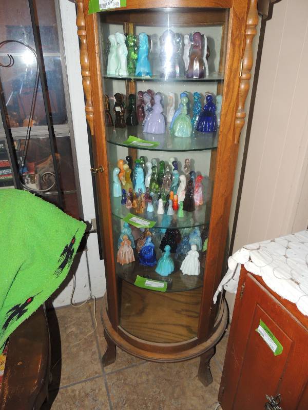 lot 348 image: Round curio cabinet 4 glass shelves , keys,  57 X 24  contents not included