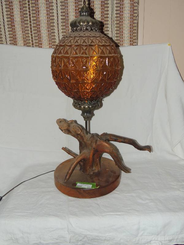 lot 349 image: Unique table lamp amber glass globe on tree root base 33H X 14