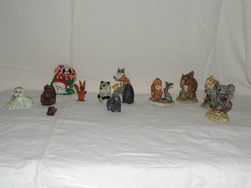 lot 367 image: Ceramic figurines - Koala, Squirills, rabbit and Fox all 4 tall. Soapstone Owl and bear 3  tall
