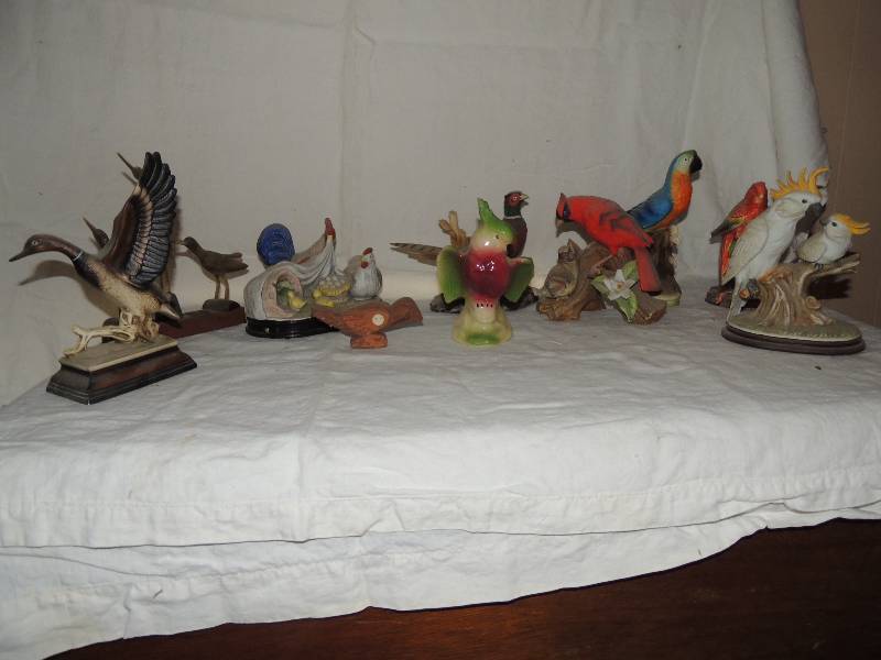 lot 380 image: Birds- Mallard chicken, pheasant, cardinal, Parrot, Cockatiel, Parrot some are Lefton