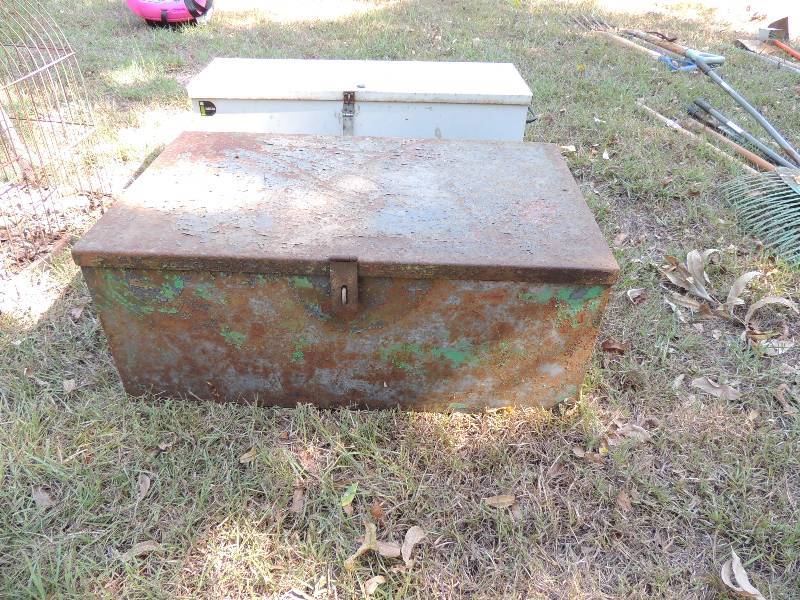 lot 653 image: Metal trunksboxes - QTY 2  - WHITE DELTA - 32 X11X 12    THE OTHER IS 30 X 18 X 12